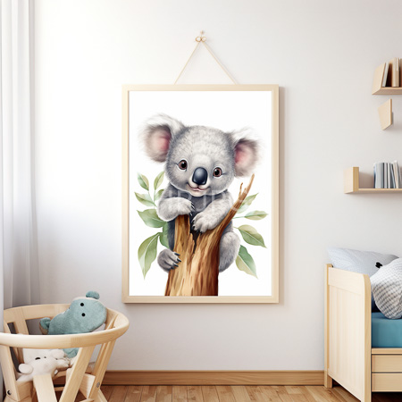 High Resolution: Child bedroom features an adorable koala painting hanging on white walls above wooden shelves with books and a light wood bunk bed adorned with blue bedding download. | HRJPG.com