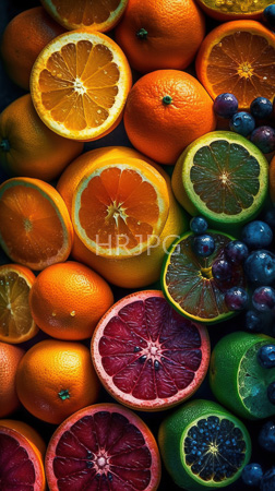 High Resolution: Various colorful citrus fruits and berries including orange halves grapefruit slices a green lime half and bright blueberries stacked closely together against a dark background download. | HRJPG.com