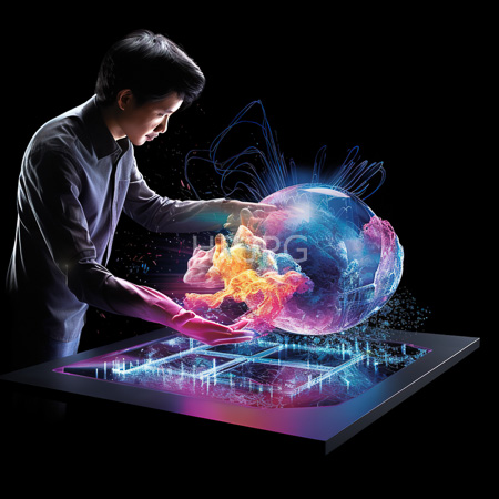 High Resolution: Asian figure with short black hair wears a dark gray shirt and pink gloves gently touching a glowing holographic globe containing vibrant neon colors on top of a futuristic glass table download. | HRJPG.com