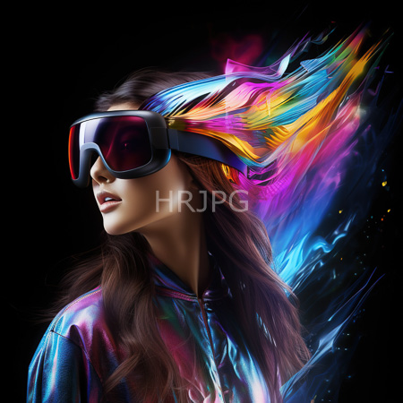 High Resolution: Asian figure with long brown hair wears large black head-mounted display and iridescent metallic jacket against a dark background with vibrant rainbow-like energy swirling around her download. | HRJPG.com