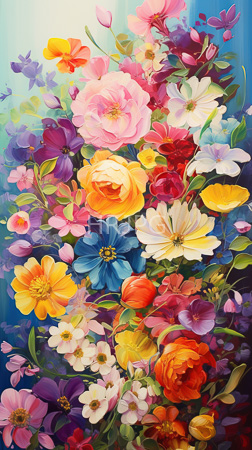 High Resolution: Vibrant digital painting of an abundant colorful floral bouquet features large pink and yellow roses alongside smaller bluebells purple peonies orange tulips white daisies and lavender buds download. | HRJPG.com