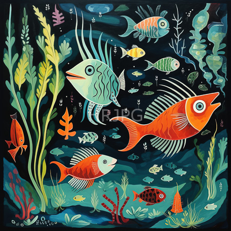 High Resolution: Vibrant underwater scene features colorful aquatic life with distinct patterns including orange and green striped ones surrounded by various seaweeds against a dark blue water background dotted by bubbles download. | HRJPG.com
