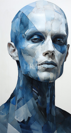 High Resolution: Androgynous bald person with light blue mosaic-patterned skin in shades ranging from white to deep navy-blue on their face and neck against a plain off-white background download. | HRJPG.com