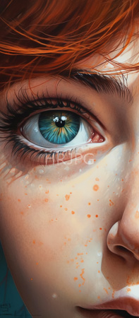 High Resolution: Ultra-realistic close-up human face focusing on one blue-green eye with intricate iris patterns and detailed reflections with fair skin adorned with orange freckles download. | HRJPG.com