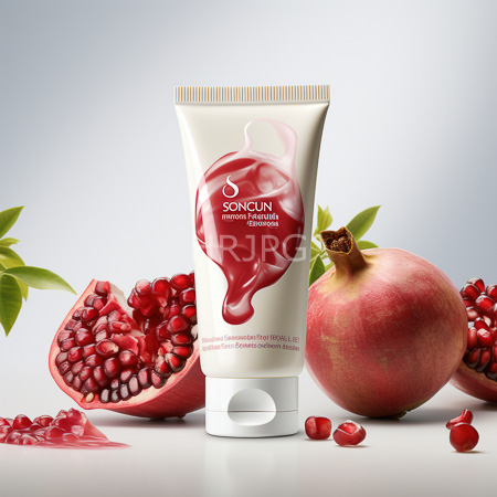 High Resolution: Off-white cylindrical serum tube with a red liquid splash design on the front surrounded by two whole and one halved pink-red pomelo fruit showing juicy seeds download. | HRJPG.com