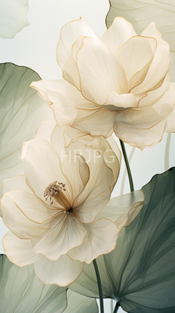 High Resolution: Two large pale beige aquatic flowers with delicate petals and visible stamens in their centers surrounded by green leaves with subtle veins against an off-white background download. | HRJPG.com