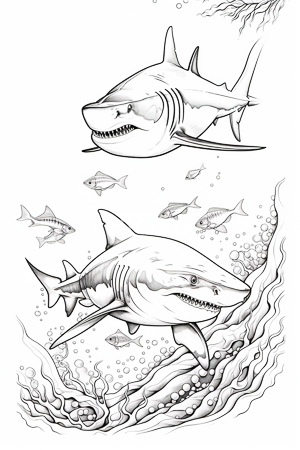 High Resolution: Black and white drawing of two large detailed sharks swimming underwater with smaller aquatic life around them one shark is above in profile view while another swims below facing forward download. | HRJPG.com