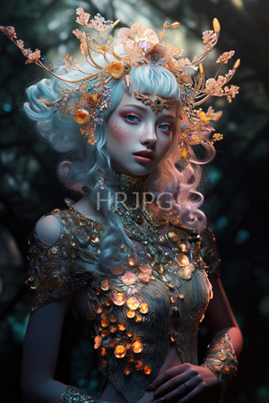 High Resolution: Ethereal pale-skinned figure with white curly hair adorned in an intricate golden floral headpiece and jewelry wears ornate gold armor-like top embellished with glowing orange flowers download. | HRJPG.com