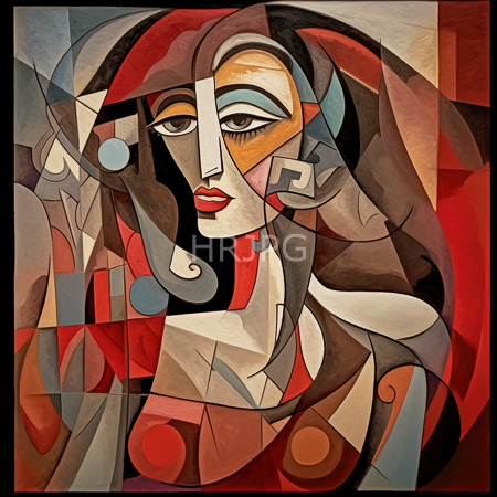 High Resolution: Abstract geometric-style painting of a figure face with stylized features and vibrant colors in reds browns whites blues and blacks with swirling hair around the head download. | HRJPG.com