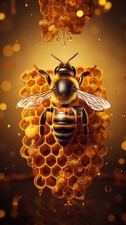 High Resolution: Intricately detailed apian insect with translucent wings black and yellow striped abdomen and a fuzzy body clings to a golden hexagonal comb cells dripping amber nectar download. | HRJPG.com