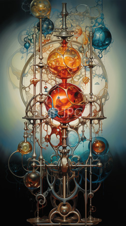 High Resolution: Intricate steampunk-style apparatus with metallic components and transparent glass orbs in orange blue yellow hues delicate filigree patterns surround central sphere-like structures download. | HRJPG.com