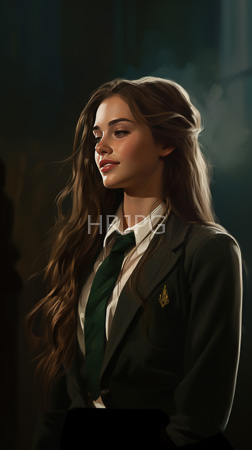 High Resolution: Attractive young figure with long wavy brown hair and fair skin wears a dark green school blazer over a white shirt and matching tie with light makeup download. | HRJPG.com