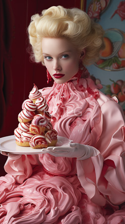 High Resolution: Elegant pale-skinned figure with platinum blonde hair in vintage curls and red lipstick wears a ruffled pink satin gown holding three swirled cream-filled pastries download. | HRJPG.com
