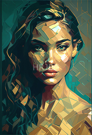 High Resolution: Geometric polygonal style depicts an attractive young figure with long wavy brown hair and green eyes gazing directly composed of various golds greens blues and browns forming triangular shapes download. | HRJPG.com