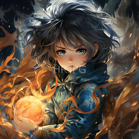 High Resolution: Anime-style young girl with short messy black hair and large green eyes holds glowing orange flames in her hands against a dark swirling background wearing ornate blue clothing download. | HRJPG.com