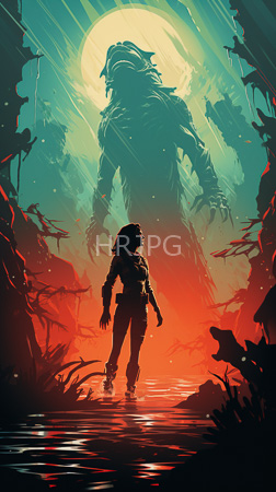 High Resolution: Eerie rain-soaked forest at sunset with vibrant red and green hues a silhouetted figure in tactical gear stands facing a towering shadowy creature under a bright full celestial body download. | HRJPG.com