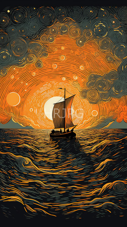 High Resolution: Old-fashioned sailboat with orange sails centered in dark blue ocean waves under vibrant sunset skies filled with swirling clouds and glowing suns download. | HRJPG.com