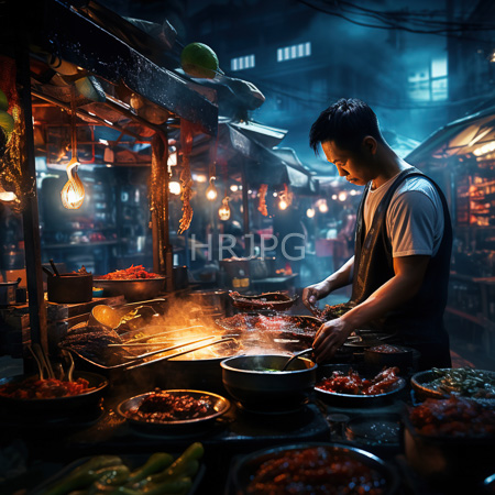 High Resolution: Asian male vendor at night wears a black apron over a white shirt cooking in a dim market stall with glowing bulbs and hanging chili peppers above bowls filled with spicy dishes download. | HRJPG.com