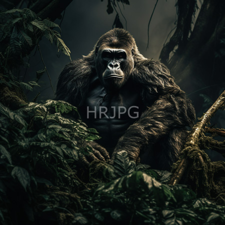 High Resolution: Imposing muscular male simian with dark fur and a prominent brow ridge sits in dense jungle foliage under dim light with an intense gaze directed at the camera download. | HRJPG.com
