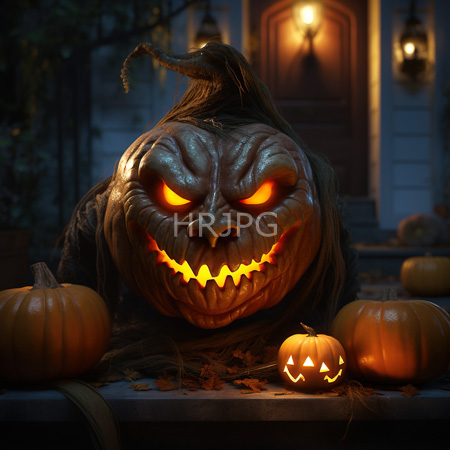 High Resolution: Ominous pumpkin-headed creature with glowing orange eyes and sharp teeth stands in front of two lit jack-o'-lanterns on dim-lit porch steps at night download. | HRJPG.com