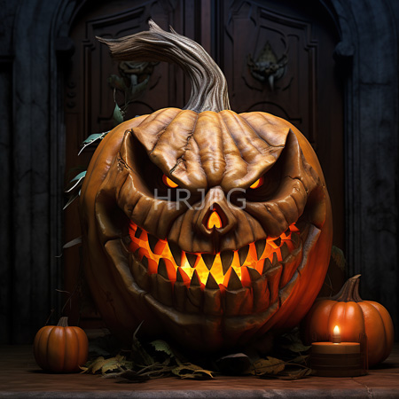 High Resolution: Eerie carved pumpkin with glowing orange eyes and jagged teeth set against dark wooden doors adorned with carvings small pumpkins flank it while autumn leaves scatter at its base download. | HRJPG.com