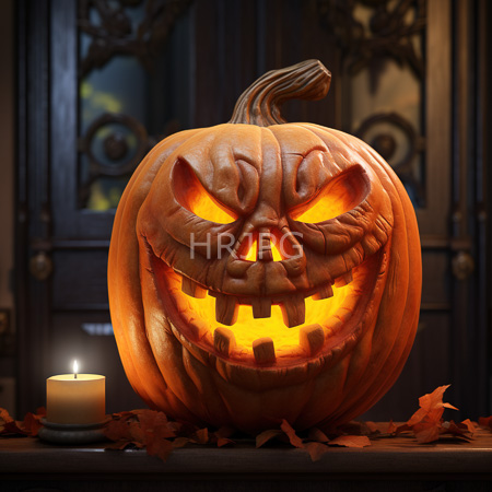 High Resolution: Intricately carved glowing jack-o'-lantern with menacing eyes and teeth displayed in front of ornate wooden doors with a candle casting warm light over scattered autumn leaves download. | HRJPG.com