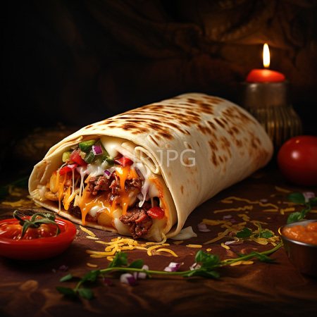 High Resolution: Appetizing beef and cheese rolled tortilla with melted cheddar diced tomatoes onions cilantro on brown parchment paper surrounded by red tomato slices and shredded lettuce download. | HRJPG.com