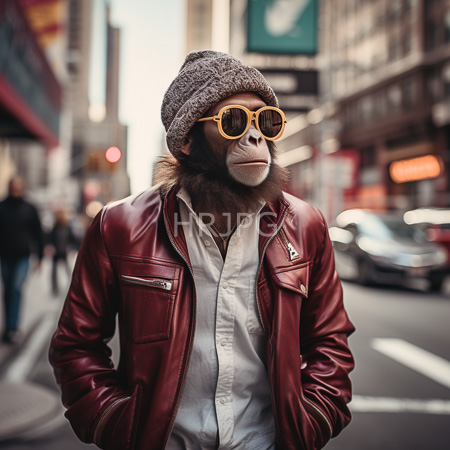 High Resolution: Anthropomorphic simian with light brown fur wears yellow round sunglasses and a gray knitted beanie in an urban setting dressed in a red leather jacket over a white shirt download. | HRJPG.com