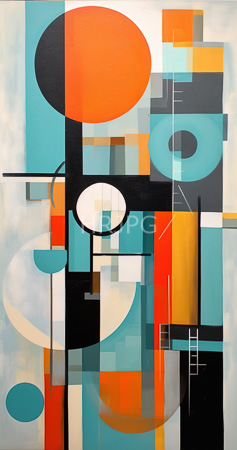 High Resolution: Abstract painting features geometric shapes in vibrant colors orange black teal white and various sizes of circles and rectangles with intersecting lines creating dynamic patterns download. | HRJPG.com