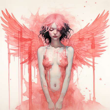 High Resolution: Ethereal pale-skinned figure with pink hair and closed eyes stands before large red wings that blend into watercolor splashes on a white background wearing translucent crimson fabric download. | HRJPG.com