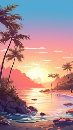 High Resolution: Idyllic tropical sunset scene features silhouetted palm trees on rocky shores with calm water reflecting warm pink and orange hues from the setting sun over distant mountains download. | HRJPG.com