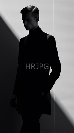 High Resolution: Black-and-white photograph of an androgynous young figure with short neatly styled hair standing in dramatic shadowed light wearing a high-collared black turtleneck sweater download. | HRJPG.com