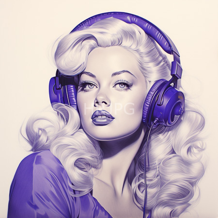 High Resolution: Attractive fair-skinned figure with voluminous white curls wears purple headphones and a matching top against a beige background with glossy lips and subtle eyeliner download. | HRJPG.com