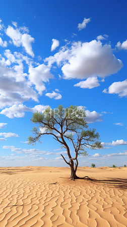 High Resolution: Isolated slender tree with sparse green leaves stands in golden sand dunes under a bright blue sky filled with fluffy white clouds with textured ripples on the sandy ground download. | HRJPG.com
