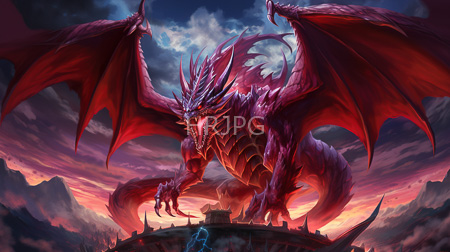 High Resolution: Enormous crimson-scaled reptilian predator with menacing red eyes and outstretched wings dominates a castle at sunset with a small blue-robed figure standing below download. | HRJPG.com