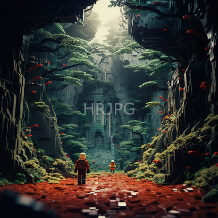 High Resolution: Two figures walk through an ancient ruin canyon covered by mossy trees adorned with red fungi on vibrant reddish ground tiles under soft light filtering from above download. | HRJPG.com
