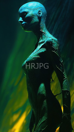 High Resolution: Alien-like female figure with smooth dark green skin and visible veins covering her body in intricate patterns stands profile against a blurred yellow-green background download. | HRJPG.com