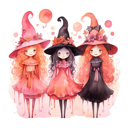 High Resolution: Watercolor illustration features three whimsical fairy-like girls with long wavy hair in shades orange and black wearing pink and purple witch hats adorned with flowers download. | HRJPG.com