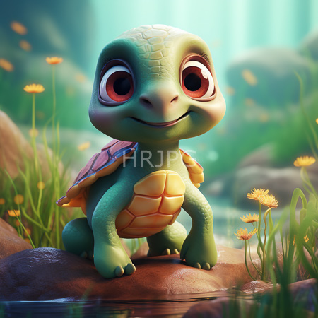 High Resolution: Adorable cartoon-style baby reptile with large red eyes and green skin stands on rocks in front of water near yellow daisies under soft sunlight filtering through trees download. | HRJPG.com