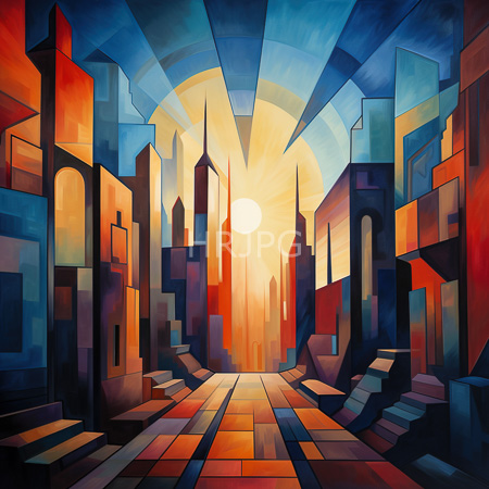 High Resolution: Abstract futuristic cityscape at sunset characterized by geometric buildings with sharp angles and vibrant colors including reds oranges blues purples and yellows download. | HRJPG.com
