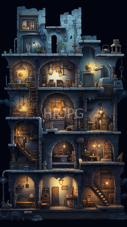 High Resolution: Intricately detailed multi-story stone building at night with warm yellow lighting inside each room and archway features cozy bedrooms adorned with books and potted plants download. | HRJPG.com