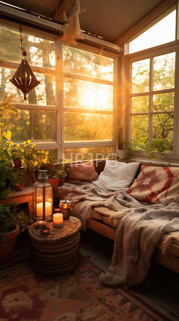 High Resolution: Inviting sunlit greenhouse corner at sunset features a cozy daybed adorned with patterned and plain pillows and textured beige blankets with potted plants lining shelves download. | HRJPG.com