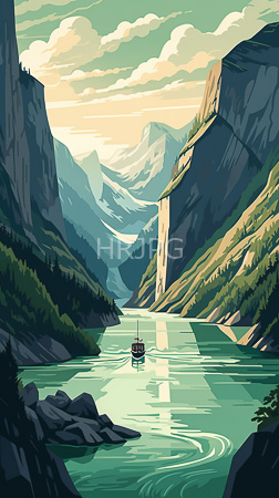 High Resolution: Serene mountain valley with a turquoise river features steep cliffs on both sides and dense green forests at their bases with a small wooden canoe centered in the water download. | HRJPG.com