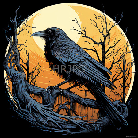 High Resolution: Intricately detailed black avian perched on twisted leafless branches against a large orange full celestial body in a dark sky background stylized with bold lines download. | HRJPG.com