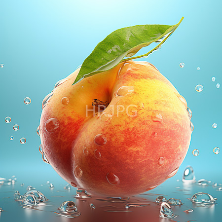 High Resolution: Ripe red-orange fruit with a green leaf attached covered in water droplets and surrounded by floating bubbles on a reflective blue background download. | HRJPG.com