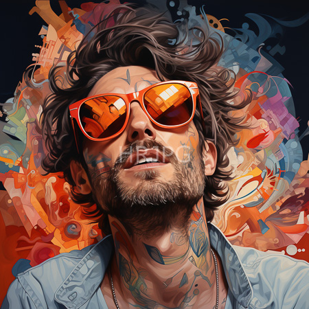 High Resolution: Attractive tattooed figure with curly brown hair and beard wears bright orange sunglasses reflecting light patterns with tattoos on his neck and chest visible under an open blue shirt download. | HRJPG.com