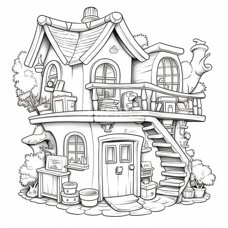 High Resolution: Black-and-white drawing of a whimsical two-story house with curved rooflines and arched windows features wooden stairs leading to a balcony adorned by potted plants download. | HRJPG.com