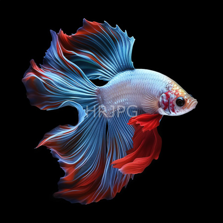 High Resolution: Ornate colorful aquatic creature with iridescent blue and red fins against a black background its body is silver-blue while one fin transitions to vibrant crimson-red download. | HRJPG.com