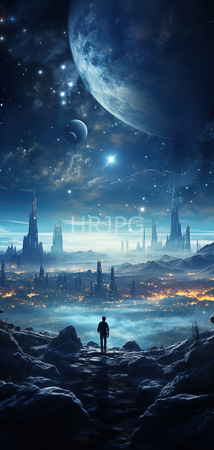High Resolution: Astronaut standing on rocky terrain gazes at a futuristic cityscape under a starry night sky with two large celestial bodies and numerous smaller stars above Gothic-style skyscrapers download. | HRJPG.com