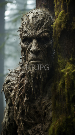 High Resolution: Intricately detailed tree-like creature with rough bark textures covering its face and body deep-set eyes and a long beard made from twisted wood fibers download. | HRJPG.com